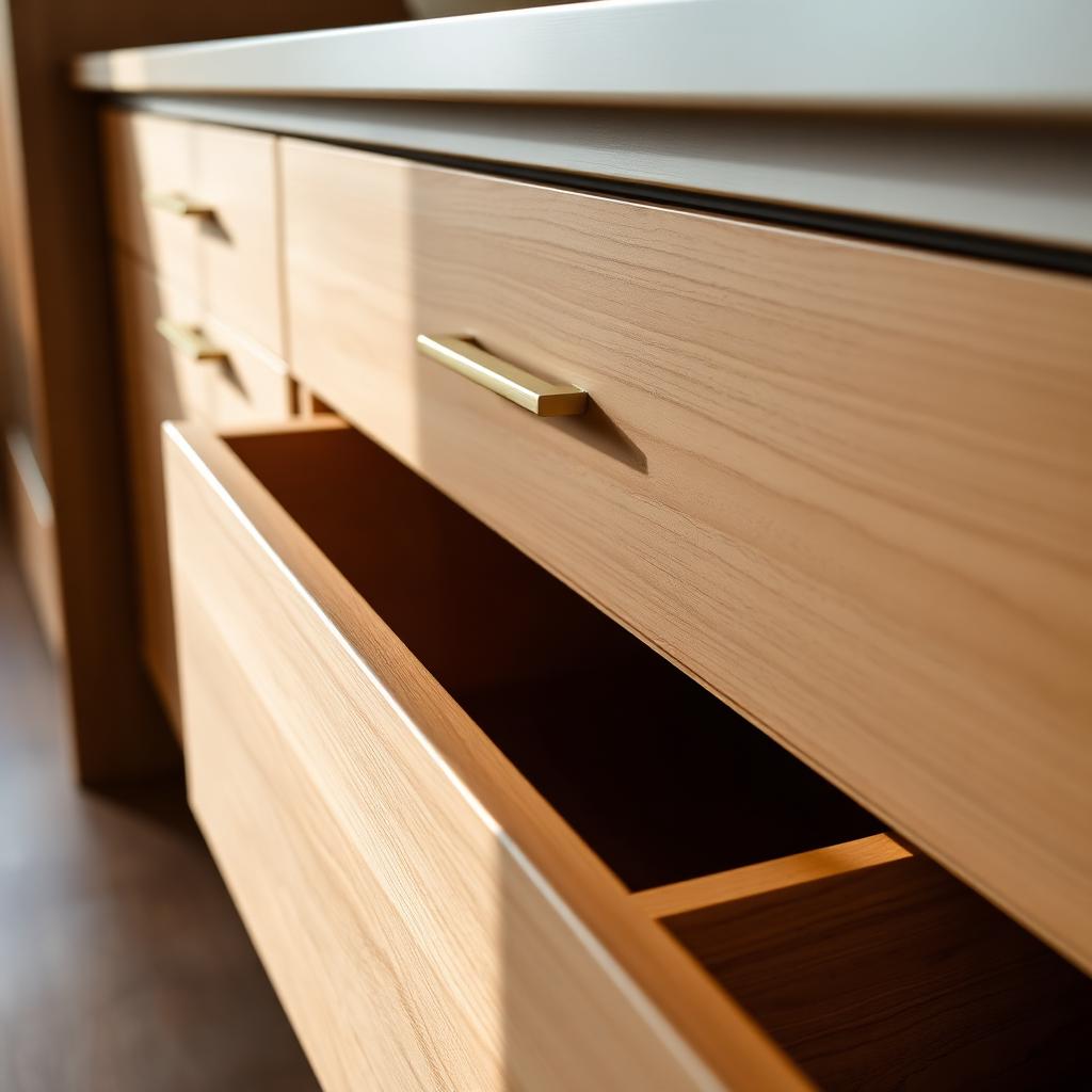 Close-up of cabinet drawer with brass pull