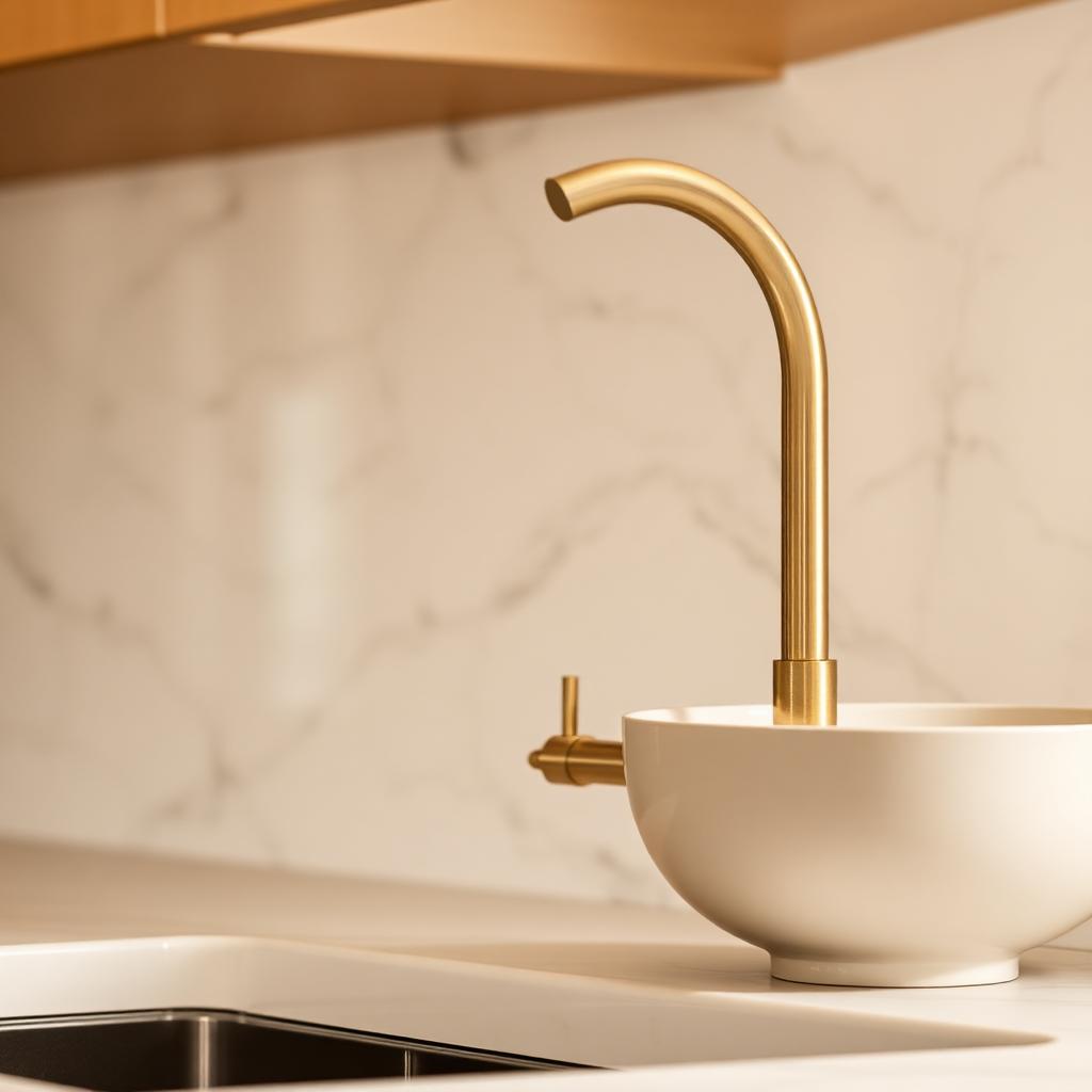 Brass faucet against a quartz backsplash