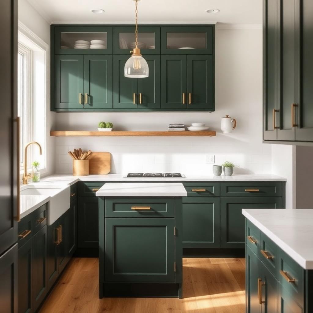 Green cabinetry kitchen with quartz countertops