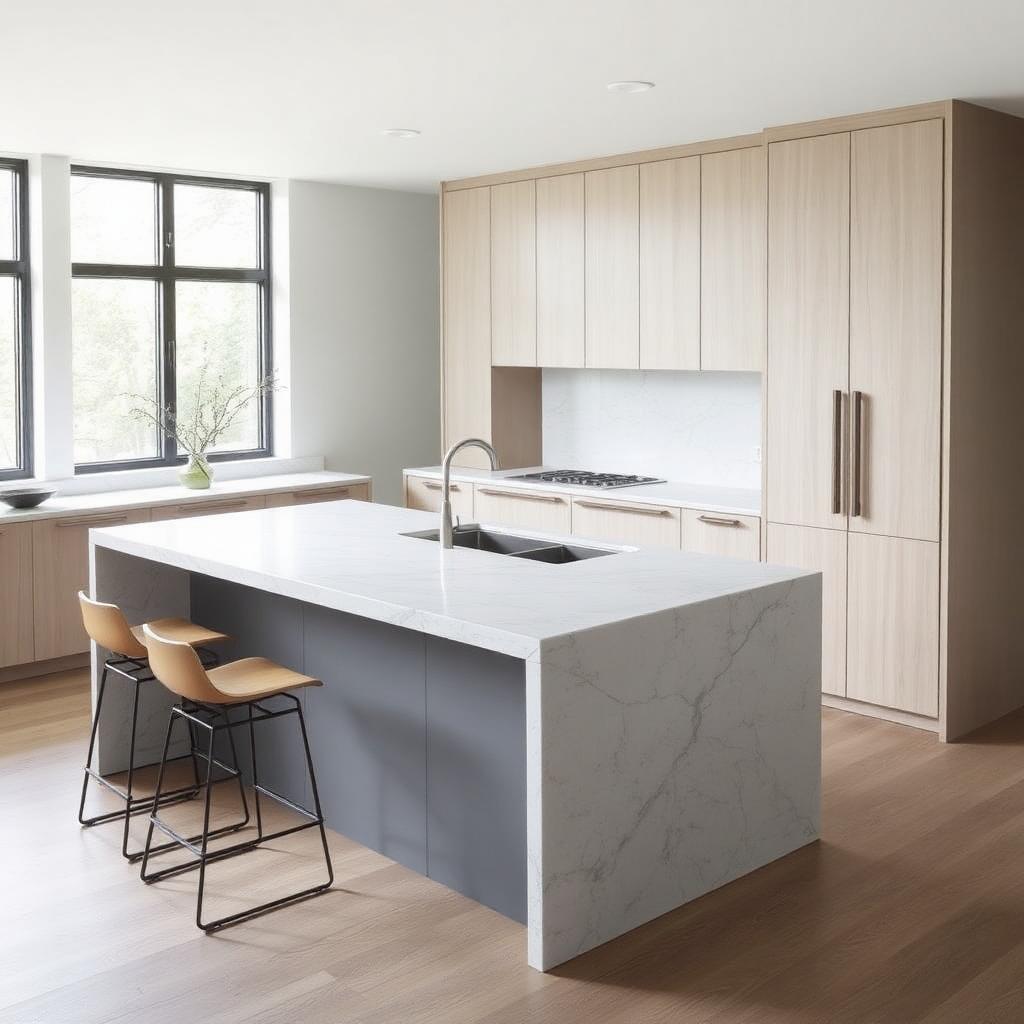 Waterfall-edge quartz island with seating