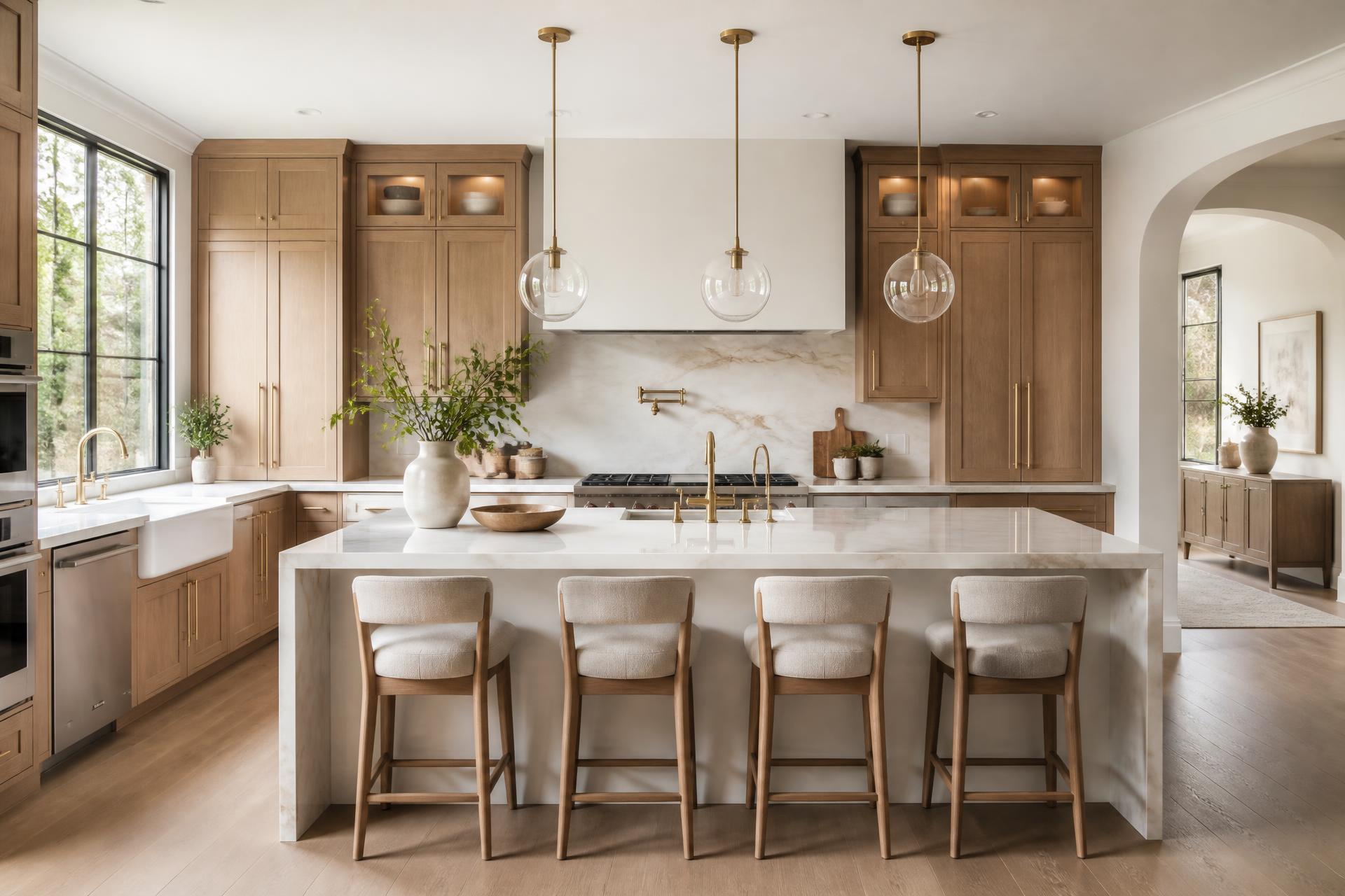 Modern remodeled kitchen with oak cabinetry and a quartz island